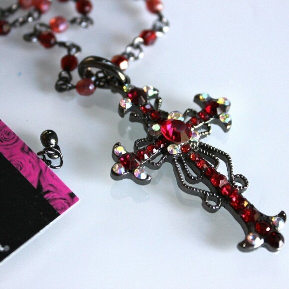 Ruby Red Aurora Boralis Ornate Vintage Scrolled Antique Hematite Cross Necklace - Picture 5 of 6
